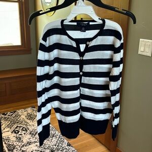 Chaps Navy & White Striped Cardigan Super Cute/Preppy Sz XS 3/4 Sleeve Button Up